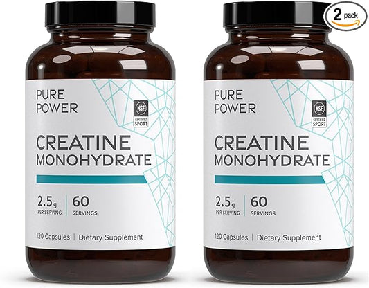 Dr. Mercola Pure Power Creatine Monohydrate, 60 Servings (120 Capsules) 2.5g Per Serving, Dietary Supplement, Strength and Energy, Non-GMO, NSF Certified for Sport, 2 Pack