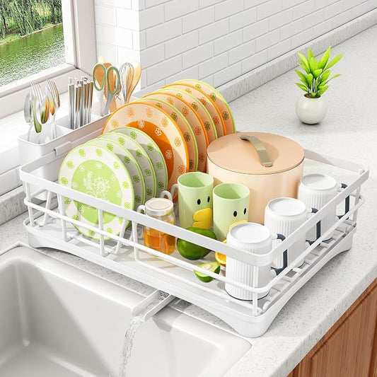 SAYZH Dish Drying Rack - Stainless Steel Dish Rack for Kitchen Counter, Large-Capacity Dish Drainer with Cutlery Holder, Kitchen Organizer for Dishes, Spoons and Forks, White