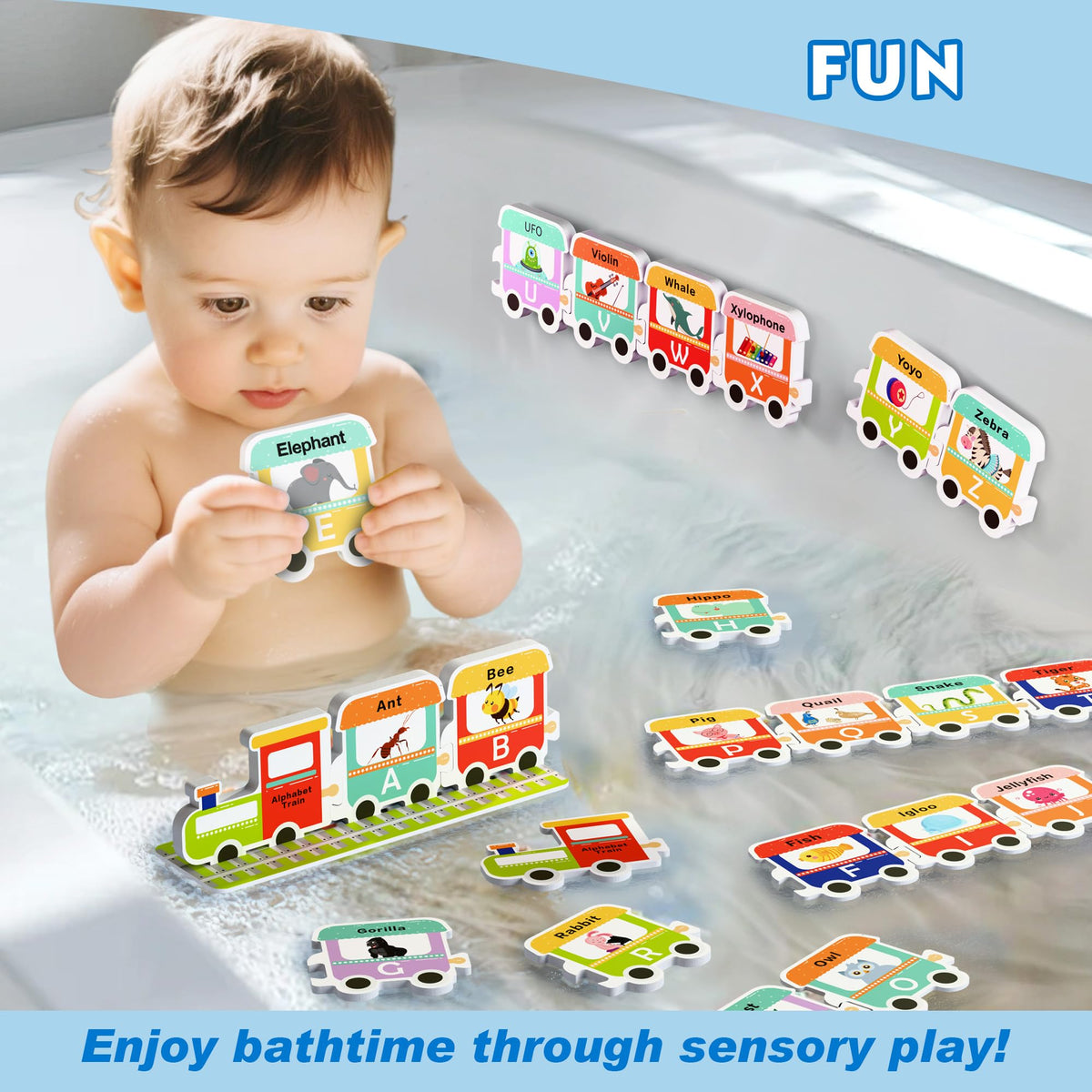 iPlay, iLearn Bath Toy Organizer W/Foam Letters, Toddler Bathtub Toy W/Storage Net, 32 Floating Alphabet Train Puzzle Bathtime Shower Water Play, Learning Birthday Gift 3 4 5 6 Year Old Kid Boy Girl