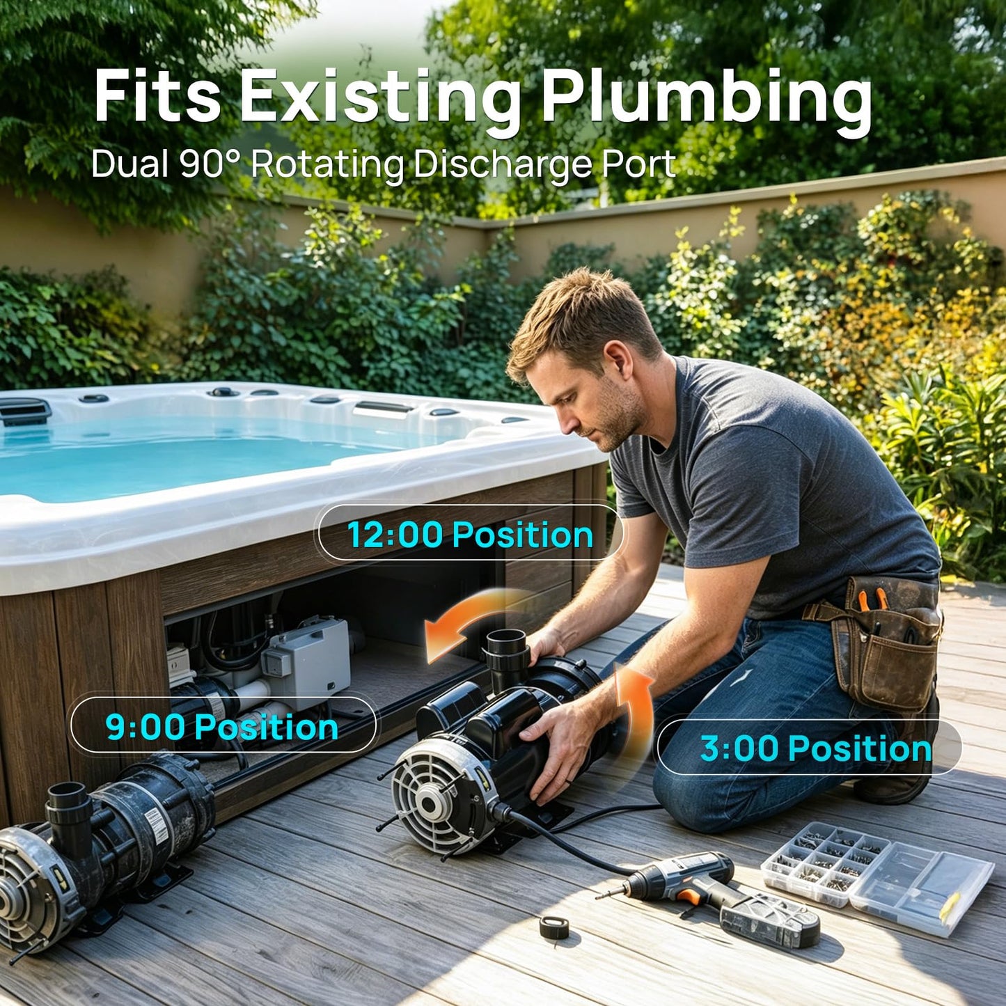 Aquastrong SPA Pump, Dual Speed Hot Tub Pump, Pure Copper Motor, Low Noise, Easy Installation with 1.5" & 2" Adapters, 90° Rotating Inlet & Outlet, Compatible with Hot Tubs & Spa Systems, Light Grey