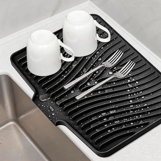 TIKNIK Silicone Dish Drying Mat for Kitchen Counter - Heat Resistant & Non-Slip Dish Drain Pad with Built-In Drain, Dishwasher Safe, Quick-Dry, Hangable & Roll-Up for Storage, Black-1pc, 16" x 12"