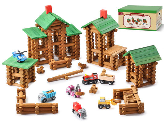 SainSmart Jr. 480 PCS Wooden Log Cabin Set with Storage Box, Building House Toy for Toddlers with 7 Toy Cars, Classical STEM Construction Kit Compatible with Lincoln Logs, Ideal Gift for Ages 3+