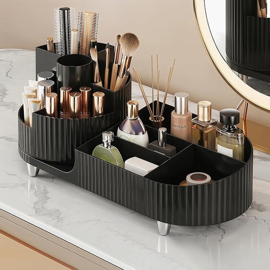 Booklov Rotating Makeup Caddy Organizer for Vanity, Large Capacity Cosmetic Display Case, Countertop Beauty Storage Holder for Skincare, Brush Eyeshadow Lipstick, Counter Desk Organization, Black