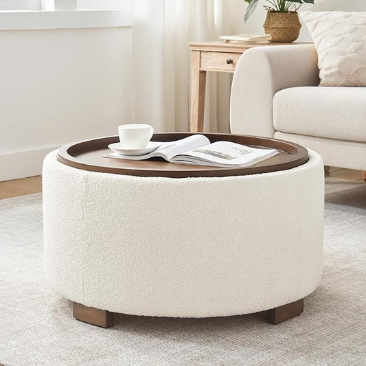 Zihanhome 30 Inch Round Storage Ottoman Coffee Table, Modern Boucle Ottoman with Lift-Off Lid and Solid Wood Legs for Living Room, Bedroom, Corners, Apartments (Beige)