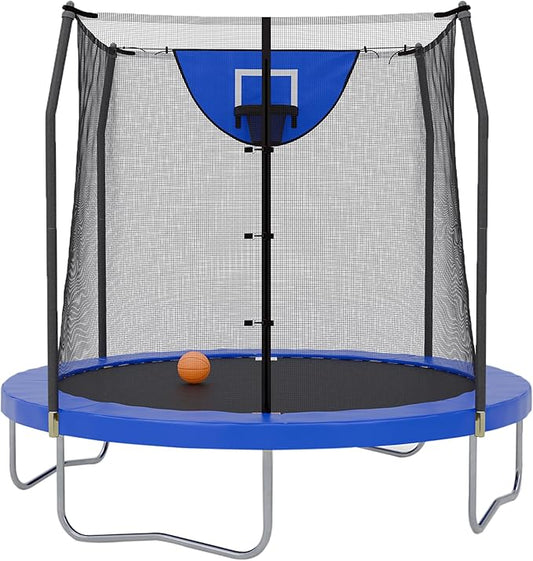 Skywalker Trampoline Outdoor 8 FT, 12 FT, 15 FT Jump N’ Dunk Round Outdoor Trampoline with Net, Trampoline Mat, and Basketball Hoop for Trampoline