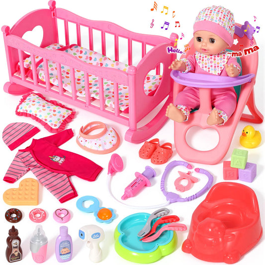 DRAMATION 12'' Interactive Baby Doll Set with Crib and High Chair, 32 PCS Baby Doll Toys Speaking 12 Sounds with Baby Doll Accessories, Doll Playset for Toddler Girl Toys Gifts 3 4 5 Years Old
