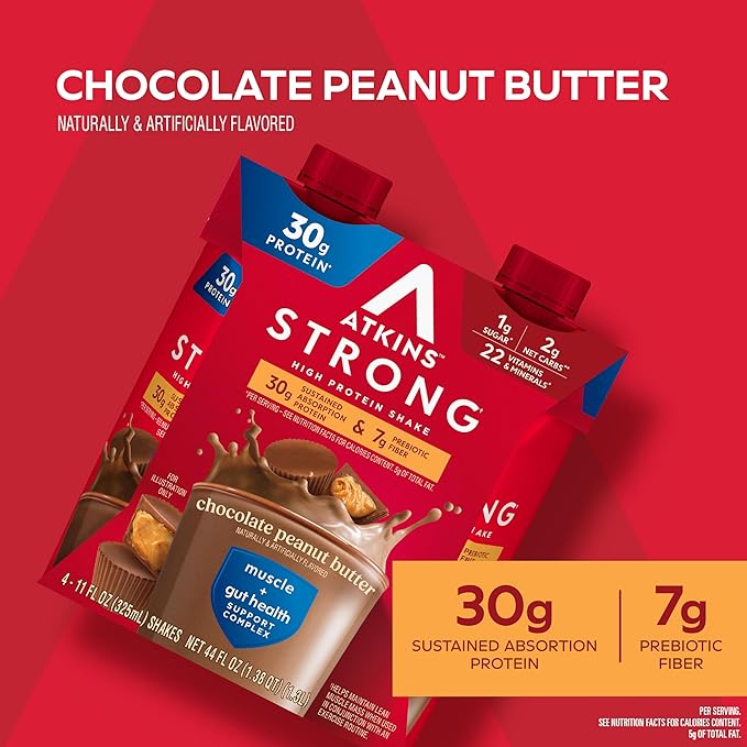 Atkins Strong High Protein Shake, Chocolate Peanut Butter Flavor, 30g Protein, Low Carb and Low Sugar Shake, Keto Friendly, Gluten Free, Muscle and Gut Health Support Complex, 12 Count