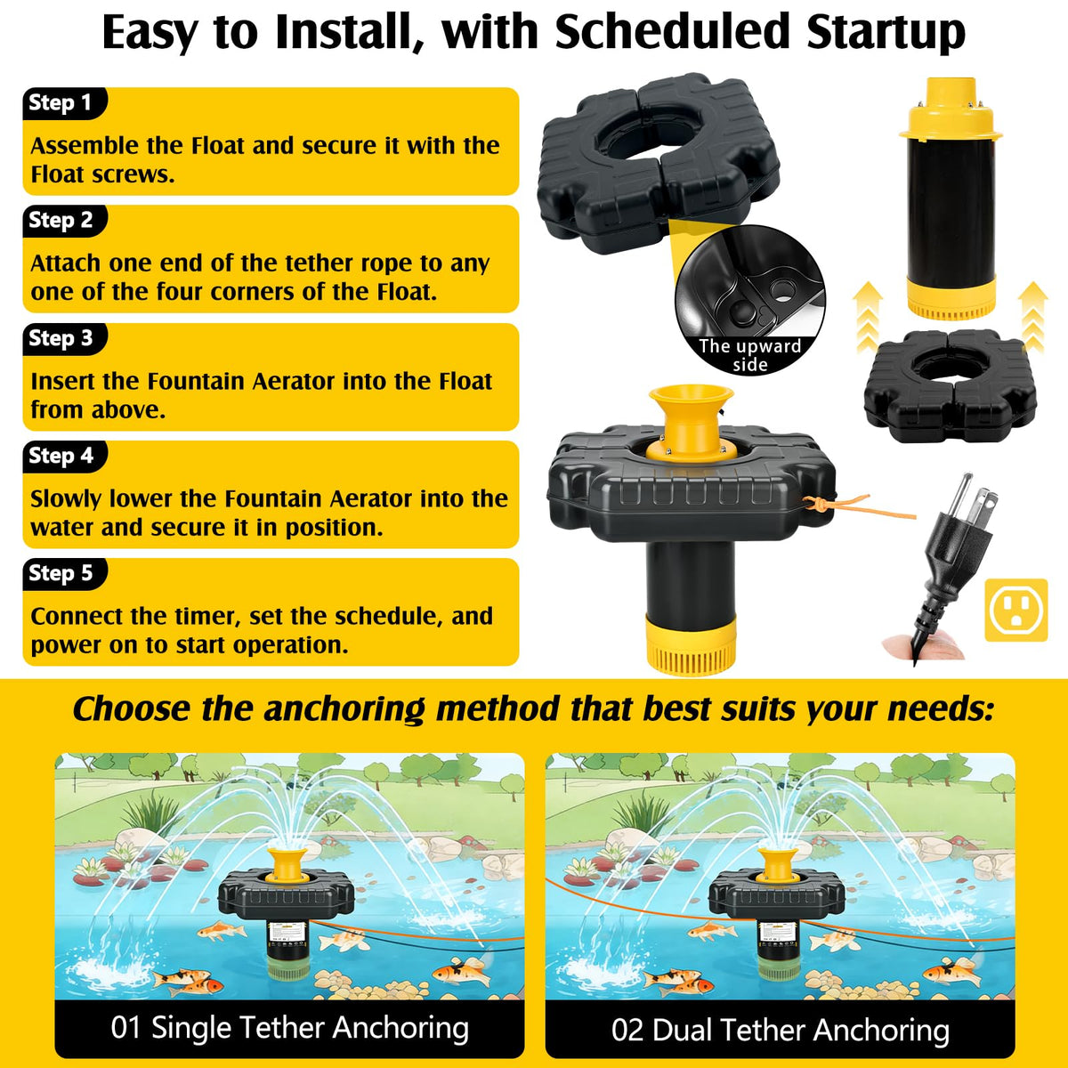 Burnvale Pond Fountain Aerator, 1HP 110V 750W 15000 GPH Floating Aerating Fountain Pump with 100 FT Power Cord, Timer, 2 x 100 FT Traction Rope, Powerful Lake Pond Aerator for Larger Ponds, Lakes
