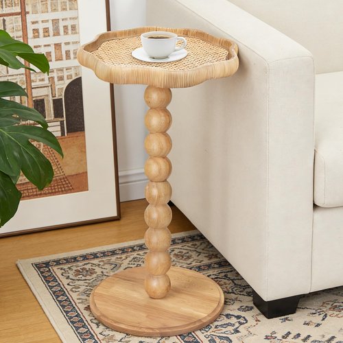 FASNAHOK Drink Table, Boho Rattan Flower Small Side Table for Small Spaces, Solid Wood Modern Nightstand for Living Room, Bedroom, Farmhouse, Corners