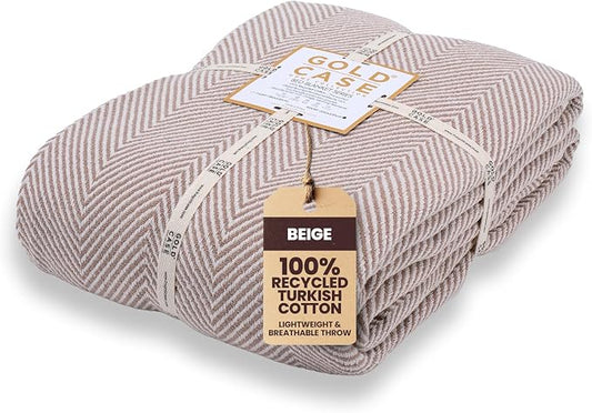 Gold Case Throw Blanket for Bed - 100% Recycled Turkish Cotton Blanket - Elegant Lightweight Soft Throw Blankets for Bed & Living Room - Queen Size Cozy Blankets - 90x90 - Beige