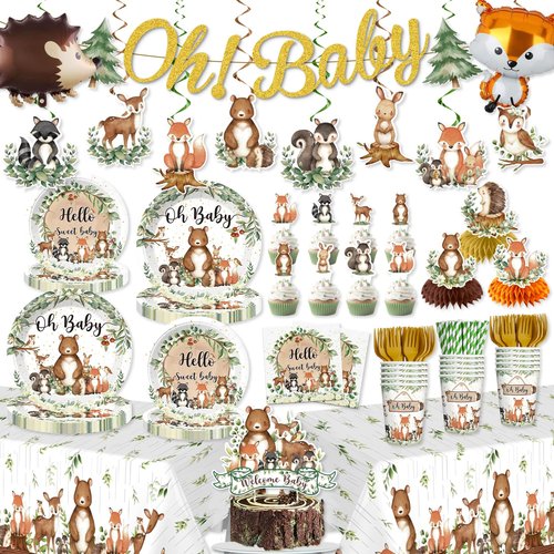 179pcs Woodland Baby Shower Decorations Include Woodland Plates and Napkins Set, Banner, Hanging, Tablecloth, Cupcake Topper, Balloon, for Neutral Forest Animal Baby Shower Decor, Serves 25