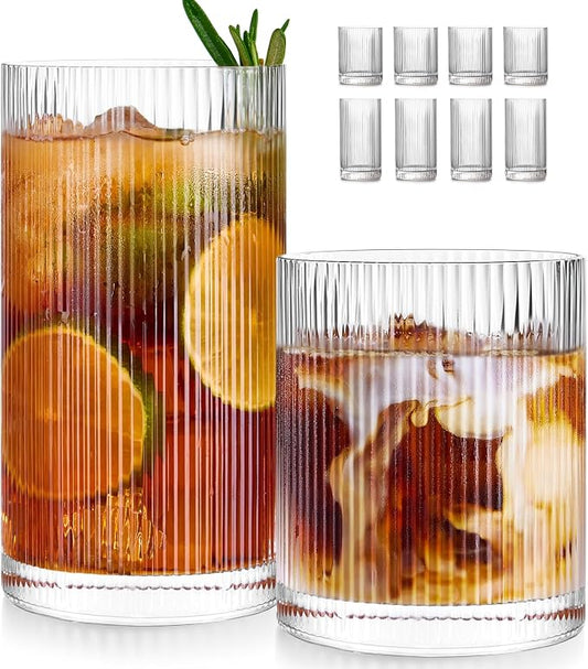 Ribbed Glass Cups Set of 8 - 4 Large Capacity Highball Glasses 17oz, 4 Rocks Glass Cups 12oz, Cocktail Glasses, Drinking Glasses Ideal for Beer, Juice, Water, Ice Coffee Cup, Whiskey, Mixed Drinkware