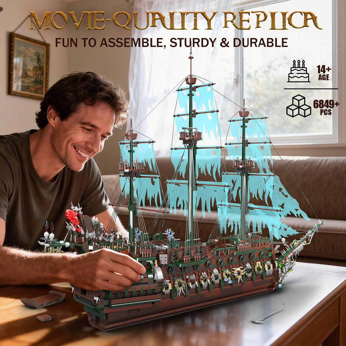 Mould King 13218 Pirate Ship Building Blocks Sets, MOC Ghost Ship Flying Dutchman Model Kit, Display Decoration Pirate Boat Model Sets, Collectible Construction Toys Gift for Teen Adult(6849 PCS)
