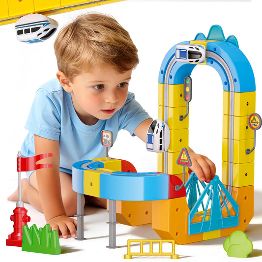 Rail Electric Train Set with Traffic Signs for Kids 3 4 5 6 7 8 Years Old, 60 PCS 3D Magic Flexible Race Car Track, Building Block Toys with Anti-Gravity, Educational STEM Toy Boys Girls Birthday