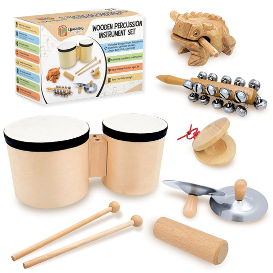 Toddler Drum Set & Musical Instruments for Toddlers – Montessori Wooden Percussion Instrument Set with Bongo Drum, Jingle Bells, Cymbals, Castanet & Guiro | Ages 3+