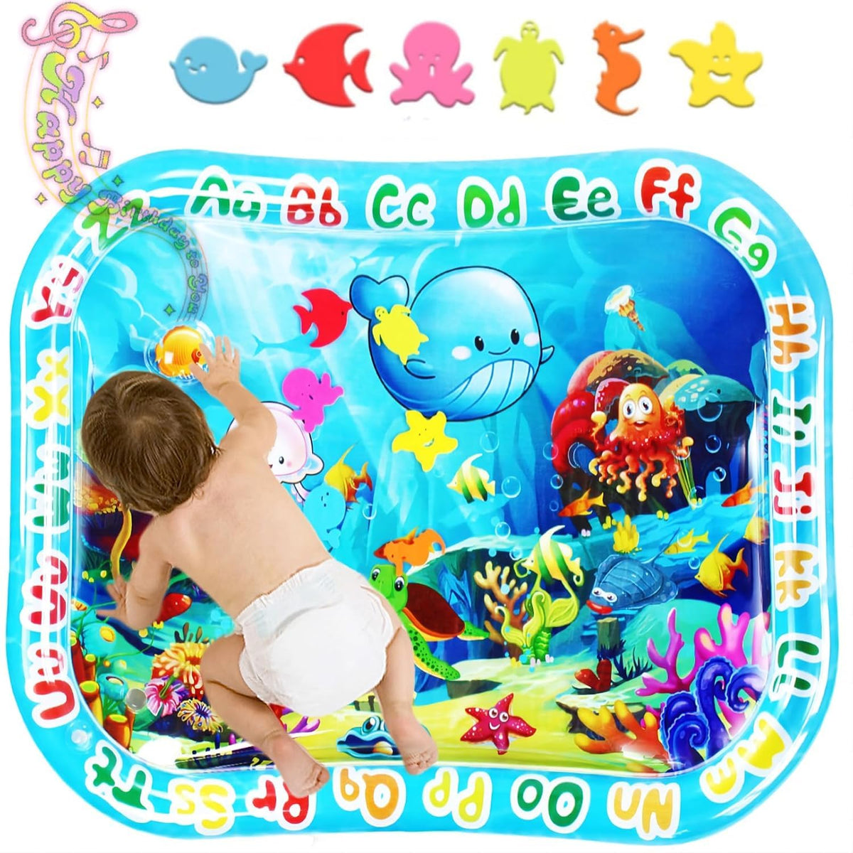 GARNHLOB Baby Water Mat Large 37.4"x29.9", Safe Inflatable Tummy Time Water Play Mat for Infants & Toddlers with Climate Pledge Friendly, Newborn Sensory Water Pad for Christmas Gift (Blue)