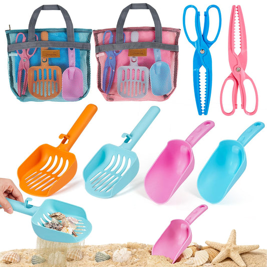 Beach Sand Toy Kids Age 4-8 Sandbox Kits with Mesh Shell Bags, Shovels, Claw Tongs for Shark Teeth Beach Essential Travel Summer Baby Toys for Toddlers Boys & Girls 3 4 5 6（2 Packs）