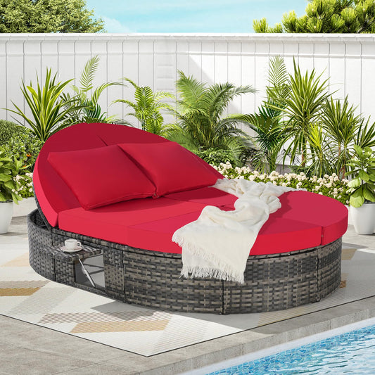 Bituman Luxury Round Patio Daybed with Pillows, Foldable Wicker Sun Lounger Featuring Adjustable Backrests & Cup Holders, 600lbs Heavy Duty Steel Frame, Fully Assembled Outdoor Furniture for Poolside