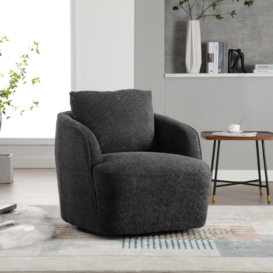 30.3" Boucle Swivel Barrel Chair, 360° Rotation Modern Round Accent Chair, Upholstered Club Armchair with Curved Back and Metal Base, Comfy Lounge Seat for Living Room Bedroom Office, Charcoal