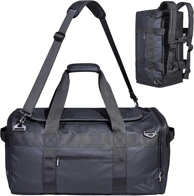 Duffle Backpack Heavy Duty Gym Bag for Men, 50L Convertible Travel Duffel Water Resistant Large Hand Bag for Sport Weekend, Black