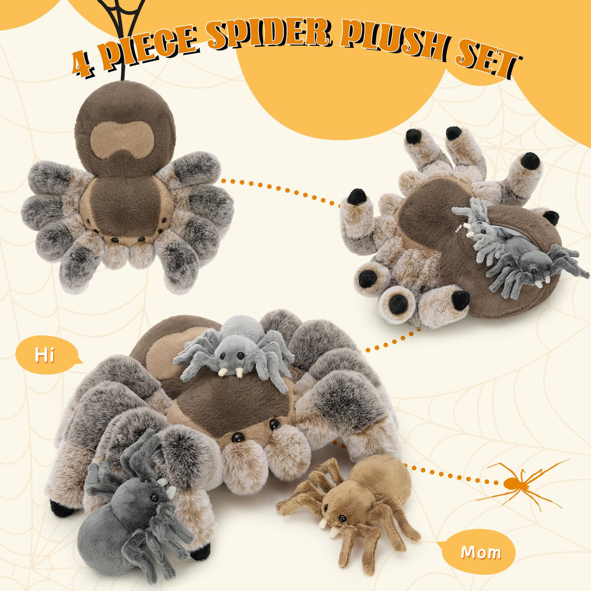 MorisMos 4Pcs Large Spider Plush, 16 Inch Mommy Spider Stuffed Animals with 3 Babies, Soft Cuddly Pillow Plush Gifts for Kids Boys Girls, Brown