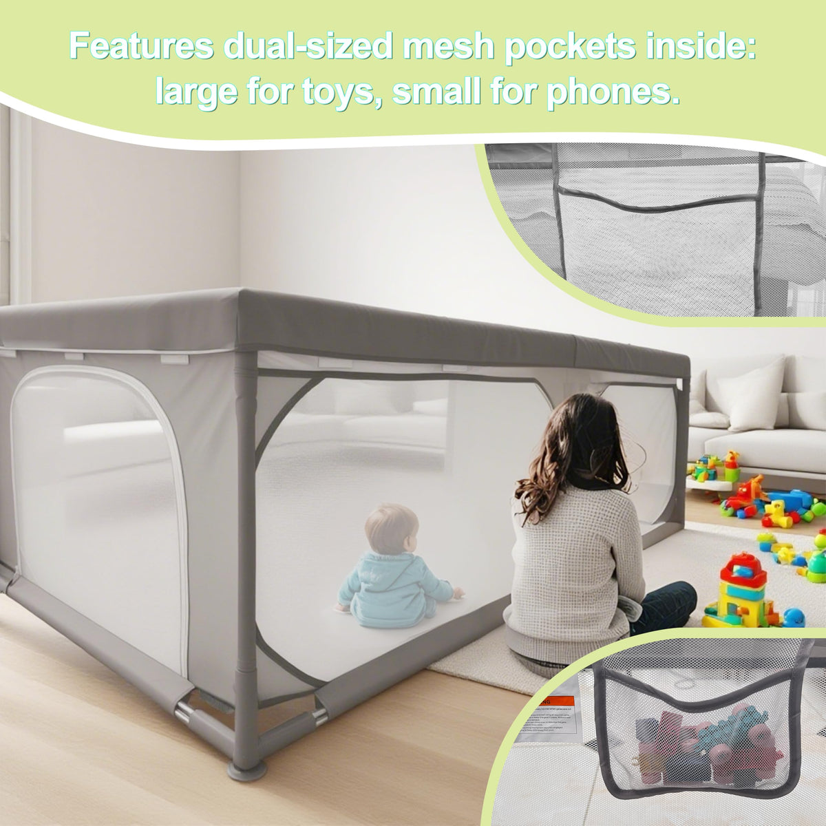 Baby Playpen 79"x79" Extra Large Play Pen for Babies and Toddlers, Safety Baby Play Yard & Fence with Dual Zipper Doors, Dual Storage Mesh Pockets, and Fully Transparent Sides