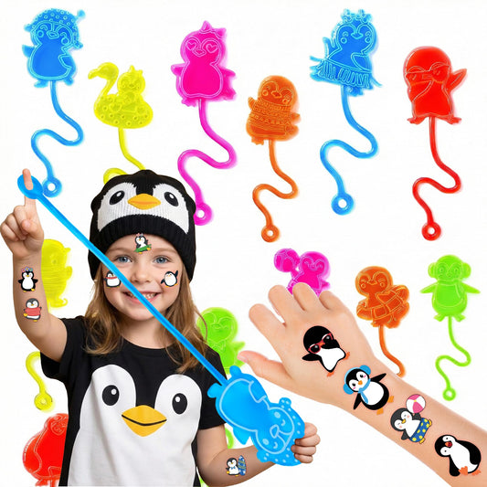 48PCS Penguin Party Favors - 24 Temporary Tattoos + 24 Stick Hands - Perfect Birthday Favors, Goodie Bag Stuffers, Treasure Box Toys, Classroom Prizes, and Student Gifts