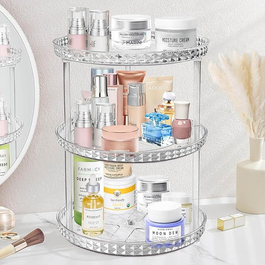 3 Tier Diamond Lazy Susan Bathroom Organizer Countertop, Clear 360 Rotating Cosmetic Makeup Organizer for Vanity, Skincare Organizers Perfume Organizer for Counter - Organization and Storage -9.25INCH