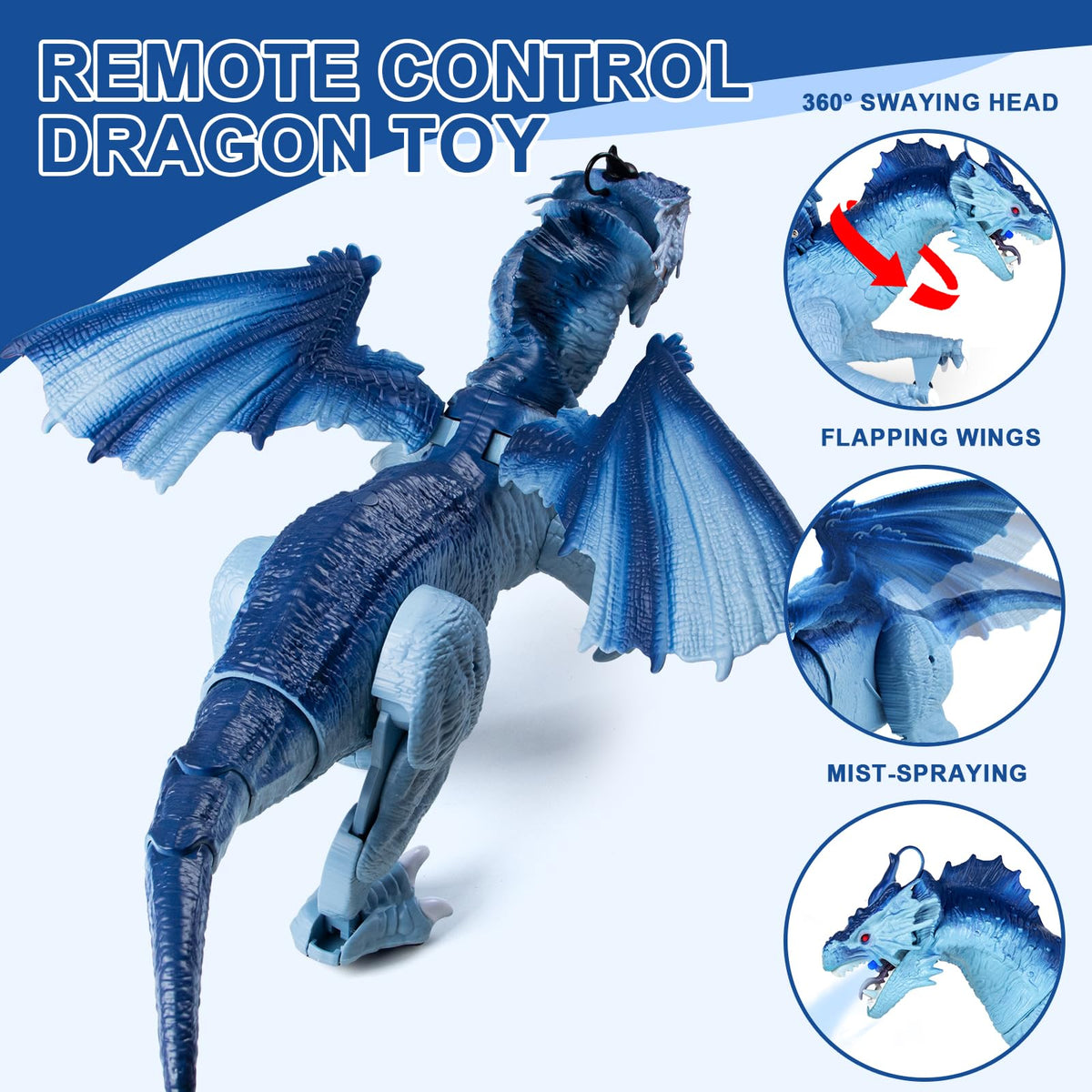 Covsen Remote Control Dragon Toy for Kids – RC Large Dragon Figure with Flapping Wings, Roaring Sound, Mist-Spraying, LED Light-Up Eyes – Birthday for Boys, Girls Ages 3+