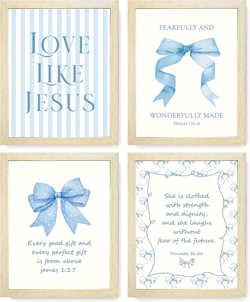 LARTSFRO Coquette Blue Bow Wall Art Decor - Inspirational Bible Verses | Set of 4, 10x8 Inch for Teen Girls