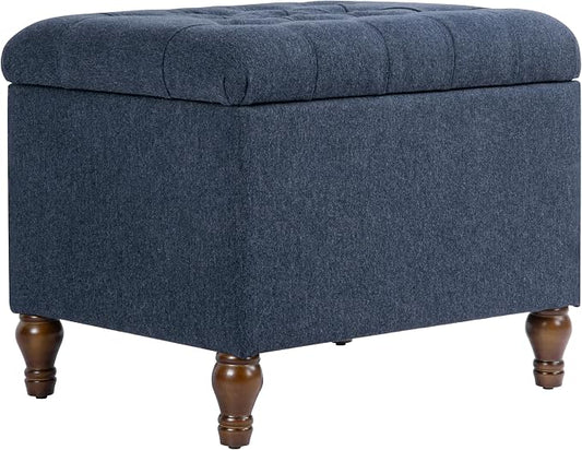 Spatial Order Home Decor | Upholstered Button Tufted Storage Ottoman | Hinged Lid Ottoman with Storage for Living Room & Bedroom | Decorative Home Furniture (Blue Woven Fabric)