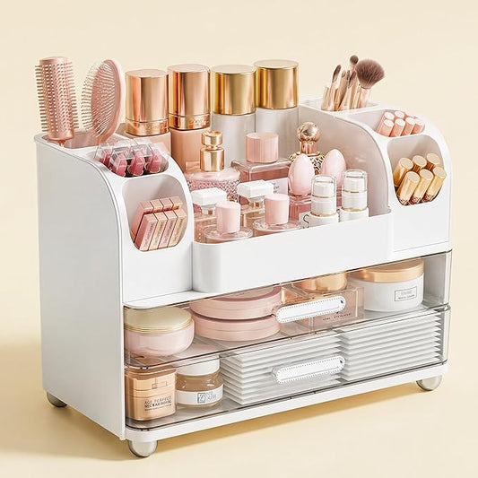 Makeup Organizer for Vanity with Drawers, Large Countertop Makeup Organizer - Skincare Storage, Brush Holder, Perfume & Cosmetics Display Case (White)