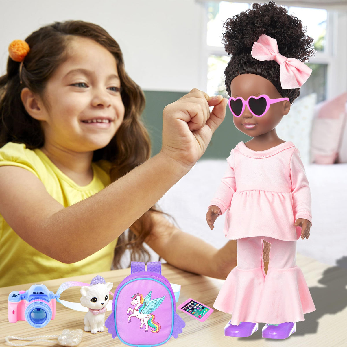 iBayda 14.5 Inch African-American Silicone Baby Doll - Realistic Black Girl Doll with 2 Outfits, Shoes, Backpack, Camera, Glasses & Phone Accessories (Washable)