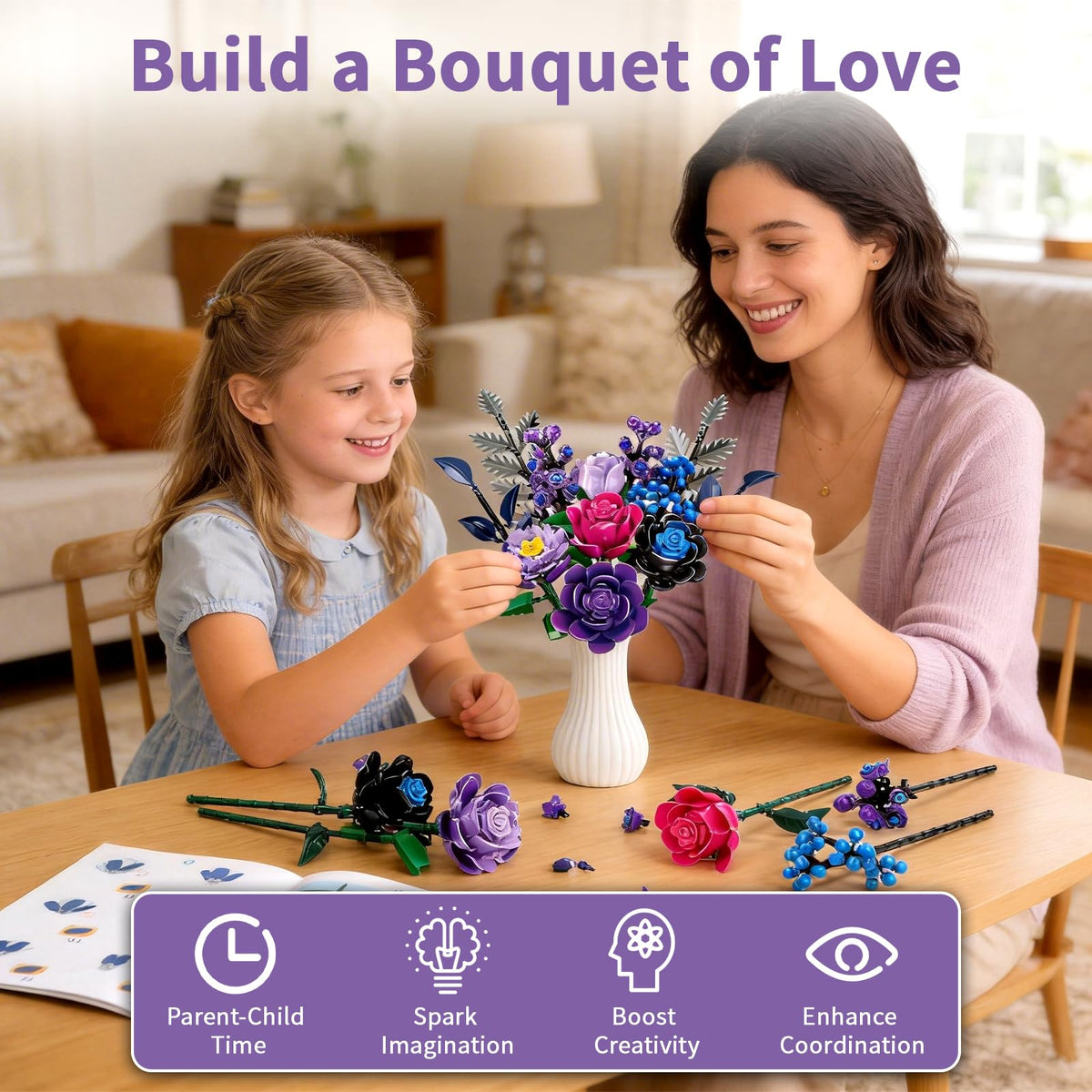 YOIUSFR 759 Pcs Purple Rose Flower Bouquet Building Set, Botanical Collection Kit Artificial Fake Flowers Blocks, Home Table Decor Aesthetic for Gifts for Mom, Birthday, DIY Craft