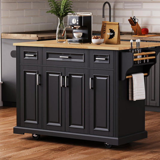 Ball & Cast Large Kitchen Island with Rubber Wood Drop Leaf,Embossed Texture Rolling Kitchen Cart On 4 Wheels W/4 Doors & 3 Drawers,Mobile Kitchen Islands W/ Storage for Kitchen,Dining Room,Black,54"