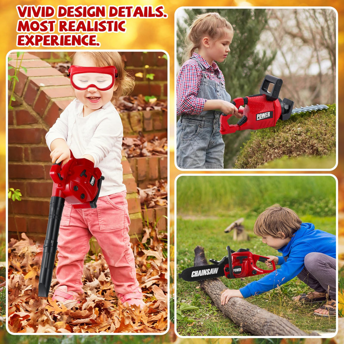 Arrowbash 3-in-1 Kids Gardening Toy Set, Toy Leaf Blower & Chainsaw & Kids Hedge Trimmer with Realistic Sound, Outdoor Backyard Play Educational Learning Birthday Summer Gift for 3-8 Boys Girls