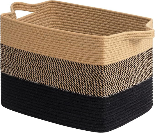 Goodpick Large Woven Basket 18" x 14" x 12" Cotton Rope Storage Baskets for Organizing, Rectangle Wicker Laundry Basket with Handles, Toy Baskets for Kids, Black & Jute