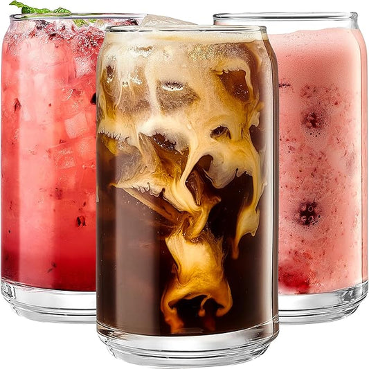 Le'raze Set of 6 Patented Can Shaped® Drinking Glasses - 16oz Clear Goblet Glass Cups for Margarita, Cocktails, Iced Coffee, Tea, Soda, Whiskey, Water and Beer