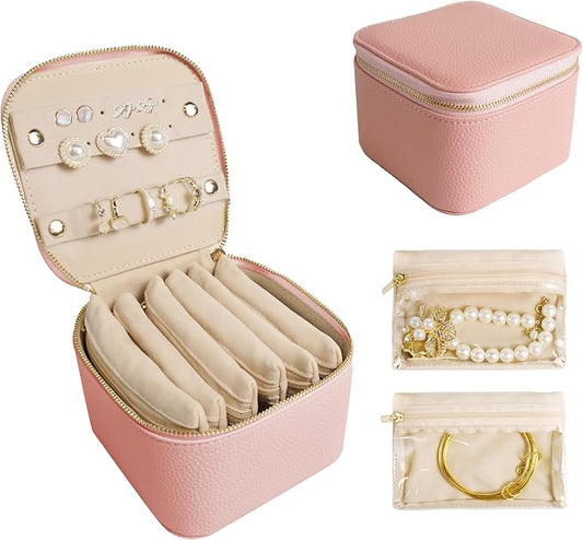 Travel Jewelry Case, Small Travel Jewelry Box with 6 Velvet Jewelry Bag Mini Pouch, Portable Travel Jewelry Organizer for Rings Earrings Necklaces, Beauty Gifts for Women Girls (Muted Pink)