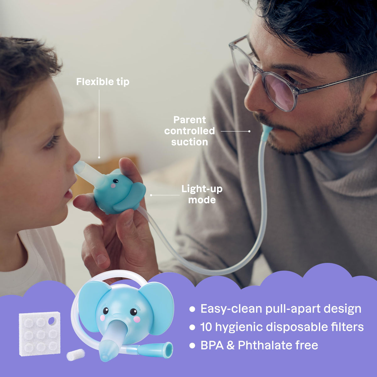 Playhouse MD Booger Buddy Nasal Aspirator, Elephant - with LED Light for Babies & Toddlers – BPA-Free Snot Remover for Infant Stuffy Nose, Congestion Relief – Easy to Clean Design - FSA/HSA Eligible