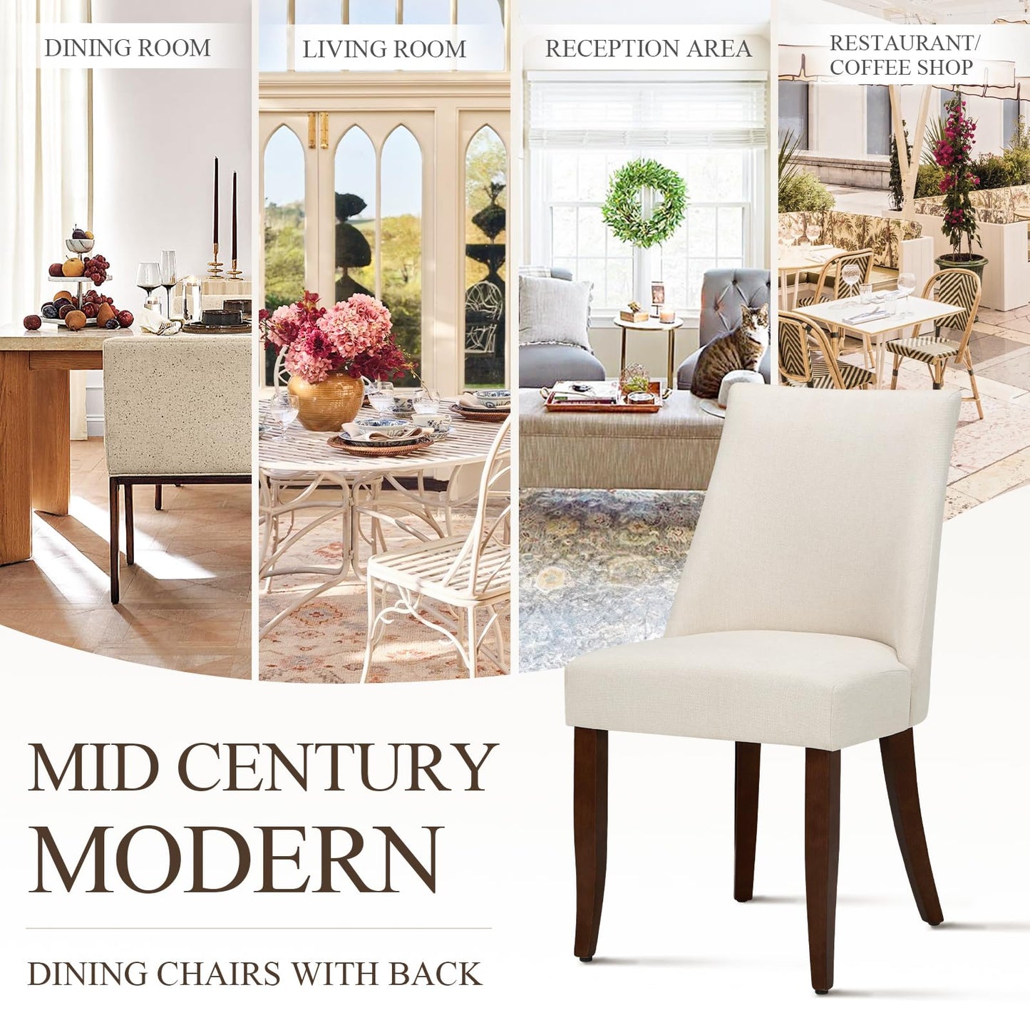 COLAMY Upholstered Dining Chairs Set of 6, Mid Century Modern Kitchen Chairs with Back, Farmhouse Fabric Side Dining Room Chairs with Wood Legs for Dining Room Restaurant, Beige