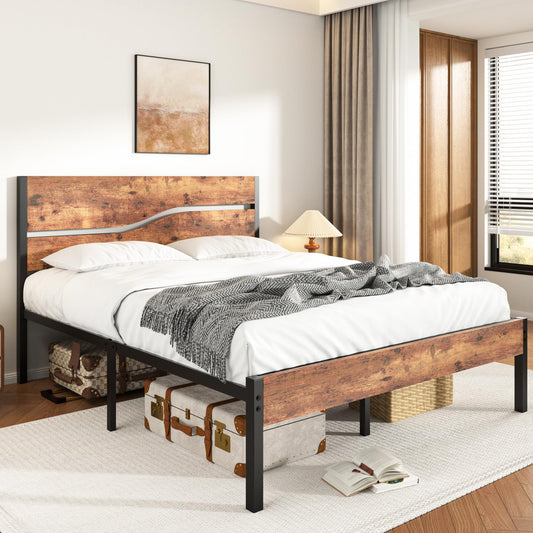 VECELO Queen Size Bed Frame with Wood Headboard, Heavy-Duty Metal Slats Support, Easy Assembly, No Box Spring Needed, Brown