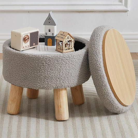 Small Foot Stool Ottoman with Storage, Sherpa Ottoman Foot Rest for Couch, Round Footstool with Storage, Small Ottomans and Footstools for Living Room and Entryway (Light Gray)