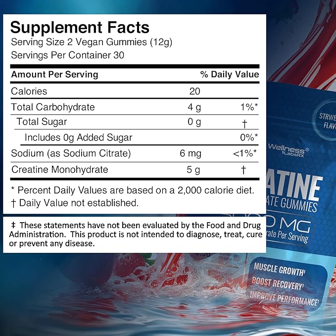 Creatine Gummies 5000mg, 30 Servings Creatine Monohydrate Gummies - Third-Party Tested Creatine for Women, Strawberry Flavor Creatine for Men, Muscle Growth, Strength, and Recovery - Pack of 1