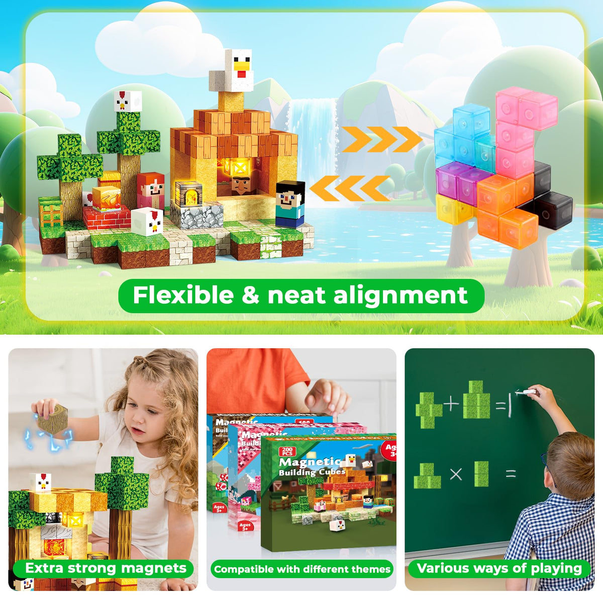 ToyUnited 200PCS Magnetic Blocks with Light-Up Blocks, Magnet Building Blocks, Stacking Magent Cubes, STEM Montessori Educational Sensory Toys for Boys & Girls Ages 3-12 Easter Birthday Gift