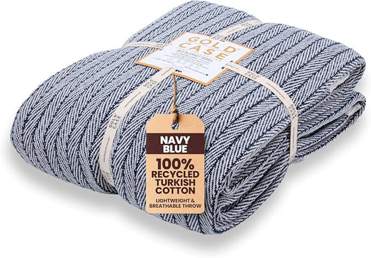 Gold Case Throw Blanket for Bed - 100% Recycled Turkish Cotton Blanket - Vintage Lightweight Soft Throw Blankets for Bed & Living Room - Queen Size Cozy Blankets - 90x90 - Navy Blue