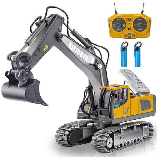 KIZJORYA Remote Control Excavator, Toys for Boys Age 6-12, Rechargeable 11 CH RC Construction Vehicles Truck with Sound Light Metal Shovel, Birthday for Kids 7 8 9 10+ Year Old(2.4 GHz)