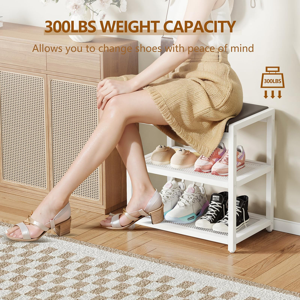 Small Shoe Bench Shoe Rack Storage Bench Entryway Bench Shoe Shelf with Seat Cushion, Stable Shoe Organizer for Entryway, Living Room, Bench Seat Holds Up to 300 lb, (18"L x 12"W x 17"H, White)