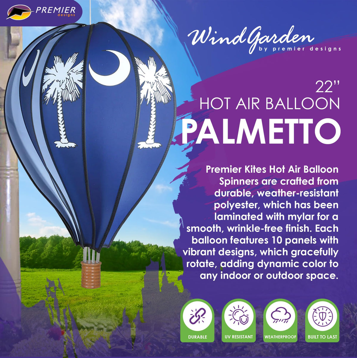 Hot Air Balloon Hanging Garden Spinner 22" - Vibrant Palmetto Design, Weather-Resistant Outdoor Decor, Durable & Lightweight for Patios, Yards, and Gardens - Eye-Catching Wind Spinner