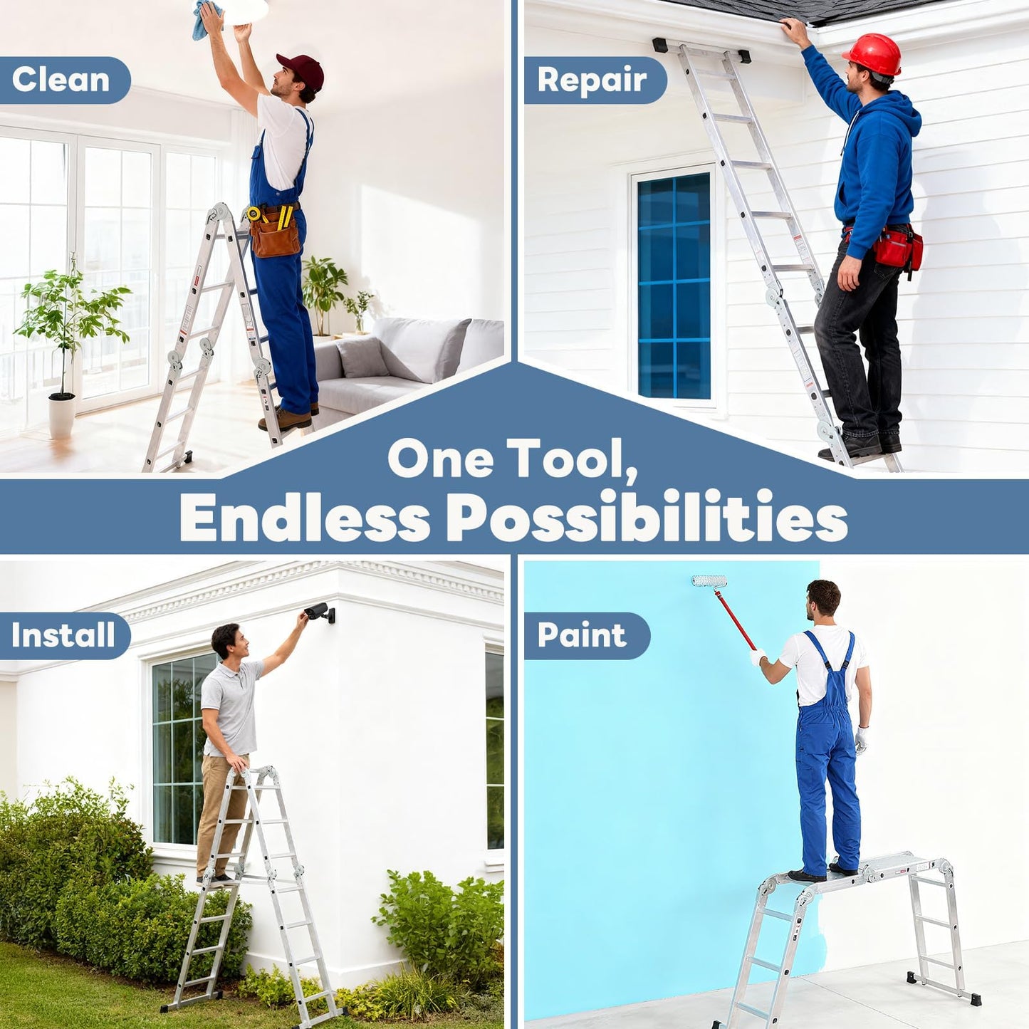 Multi-Purpose Aluminium Folding Ladder, 7-in-1 Heavy-Duty Extension & Step Ladder, Tall Adjustable Collapsible Ladder for Home, Roof, RV & Painting Work